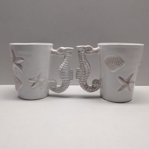 Pier 1 Imports Handpainted Earthenware Mug Seahorse Beach Sea Shell Nautical - Picture 2 of 8